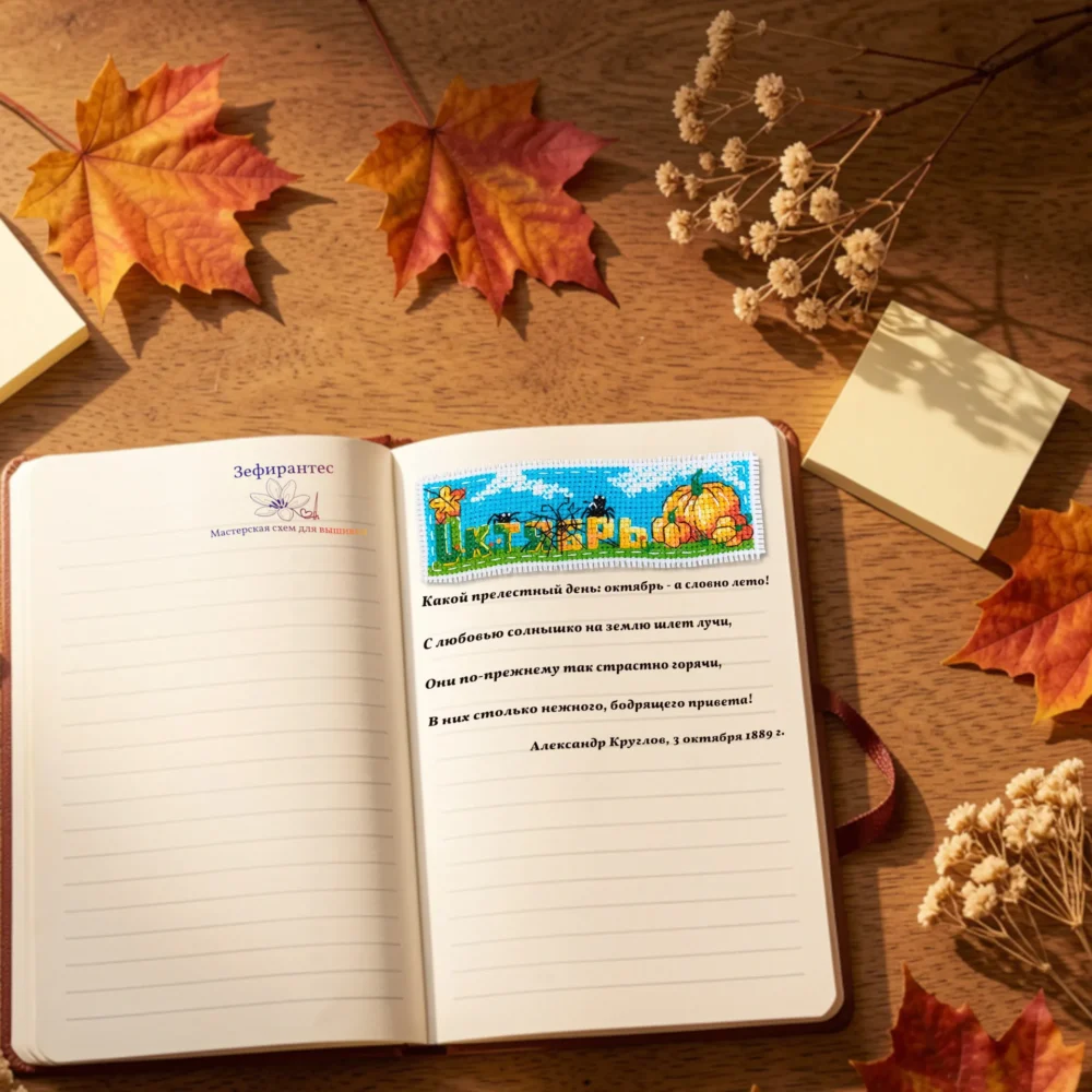 02_October_diary Пример кастомизации дневника или планера вышивкой крестиком Октябрь с кленовым листиком, тыквами, паучками и паутиной