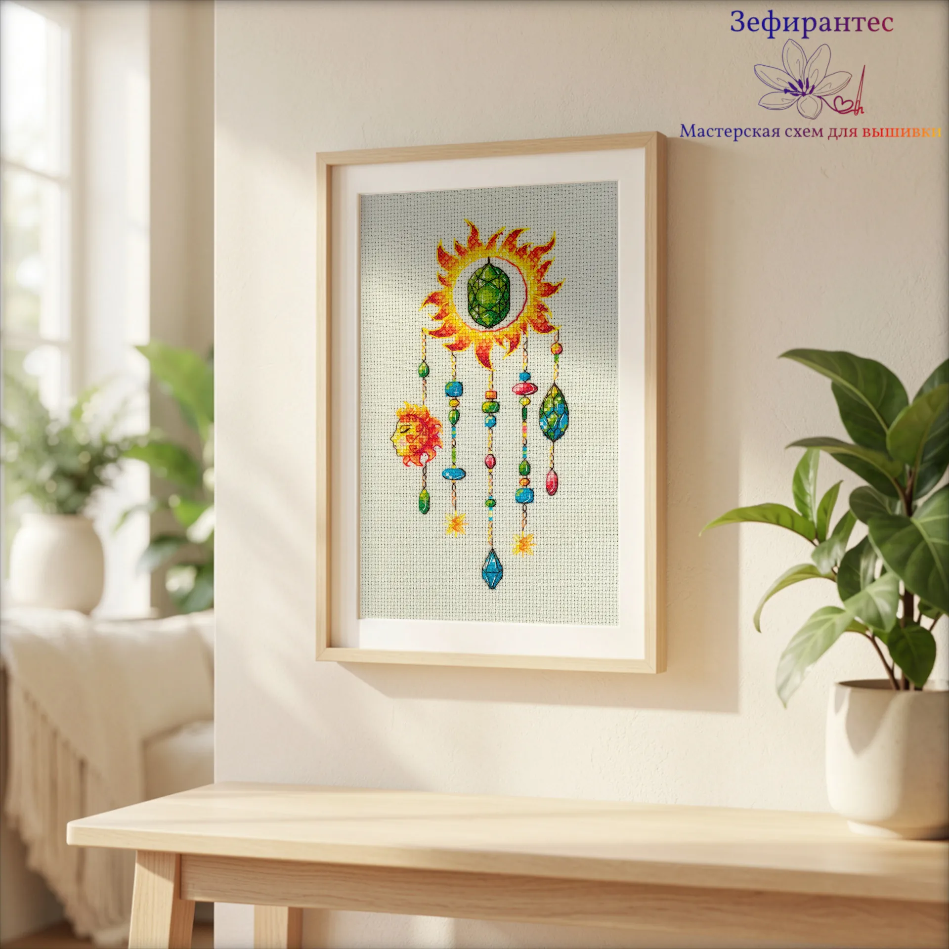 02_Sun catcher_Day_interior Оформленная в деревянную раму готовая вышивка крестиком Ловец солнца Полуденный зной с изумрудом, драгоценными камнями и солнцем в интерьере