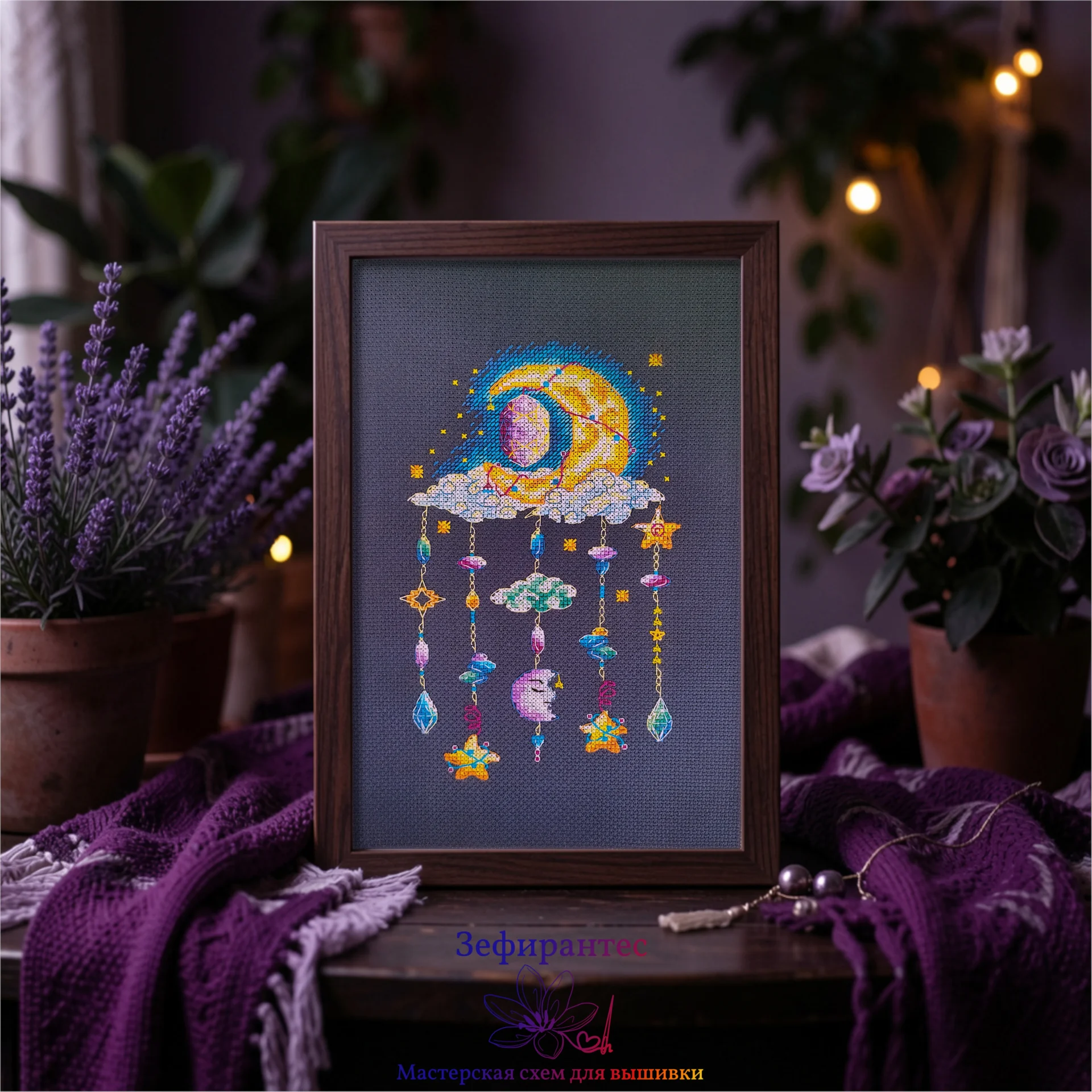 02_Sun catcher_Night_inerior Оформленная в деревянную раму готовая вышивка крестиком Ловец солнца Ночная прохлада с аметистом, месяцем, облаками звездами и драгоценными камнями в интерьере