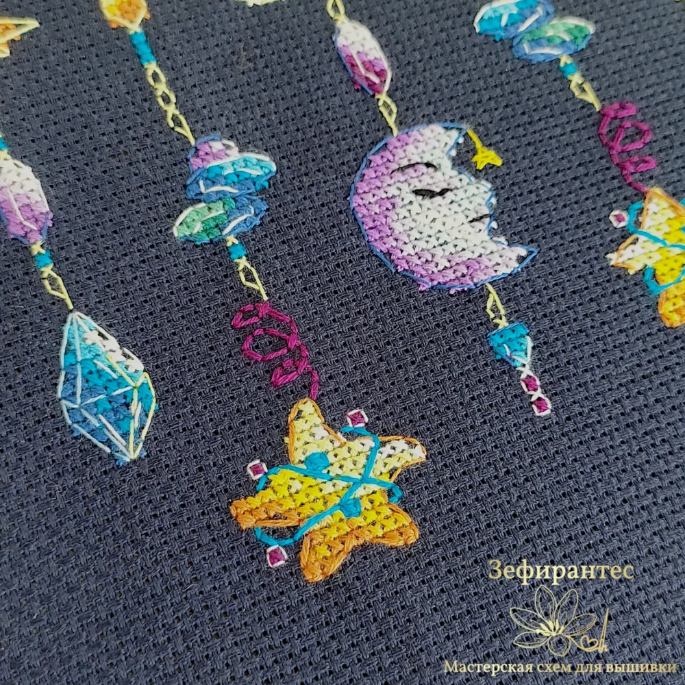 04_Sun catcher_Night Крупный план вышивки крестиком: месяц, звезды и драгоценные камни