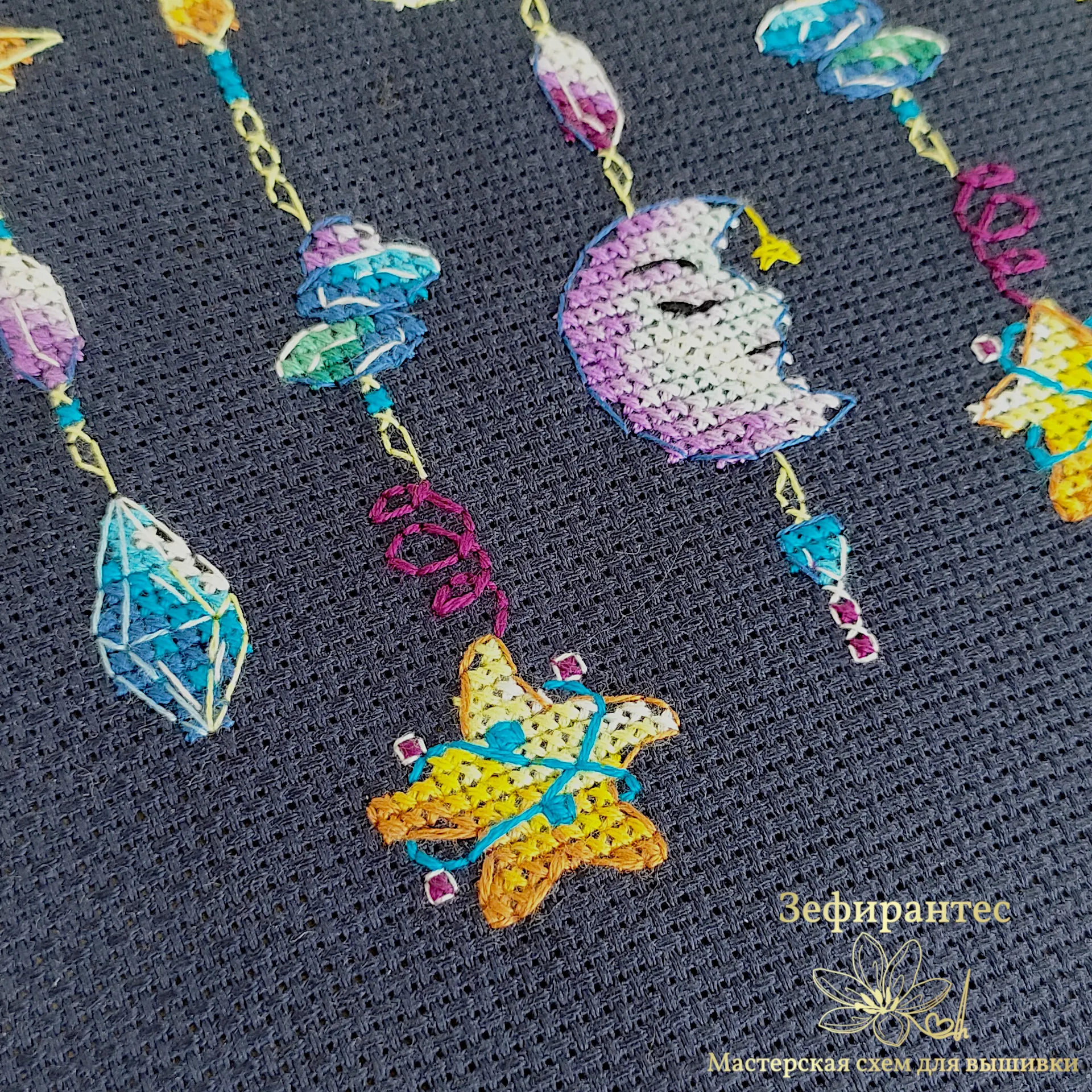 04_Sun catcher_Night Крупный план вышивки крестиком: месяц, звезды и драгоценные камни